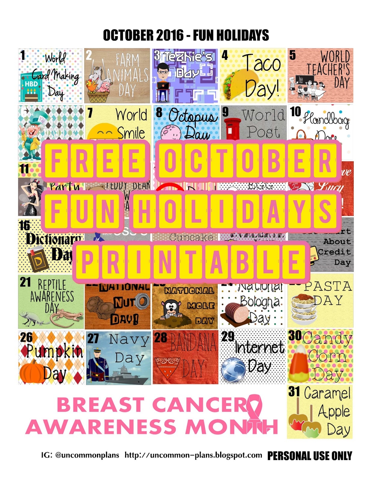 Uncommon Plans FREE Printable October Fun Holidays