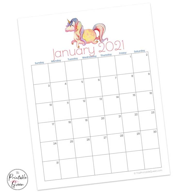 Unicorn Printable Monthly Calendar