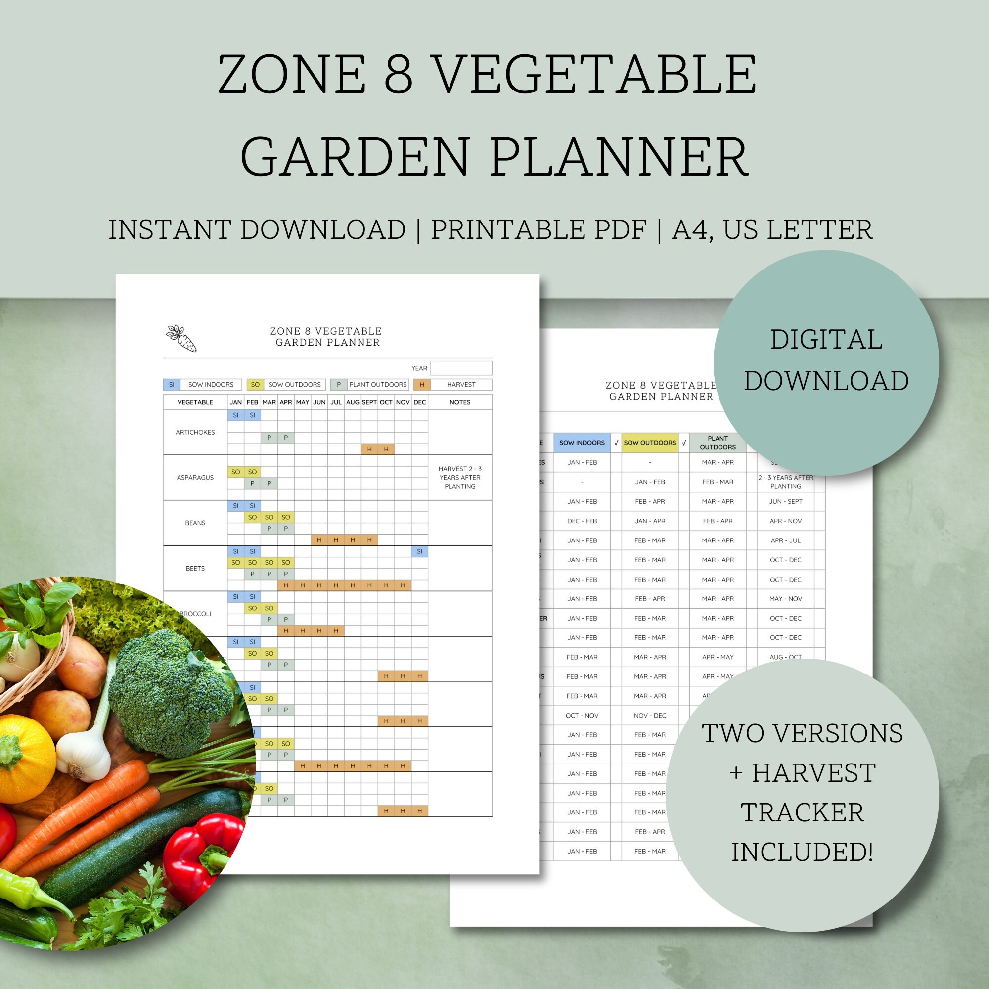 USA Zone 8 Vegetable Garden Planner Printable American Produce Gardening Guide Sow Plant Harvest Chart USDA Plant Hardiness Zone 8 Etsy