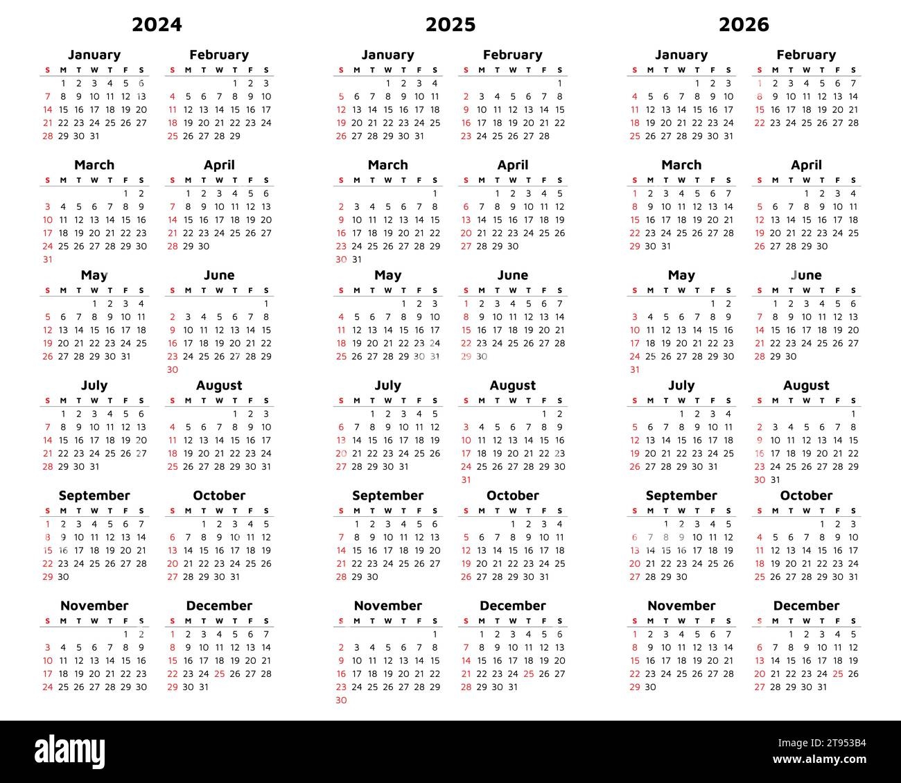 Vector 2024 2025 2026 Vertical Calendars Modern Illustration Plan Your Year With Calendar Style Stock Vector Image Art Alamy