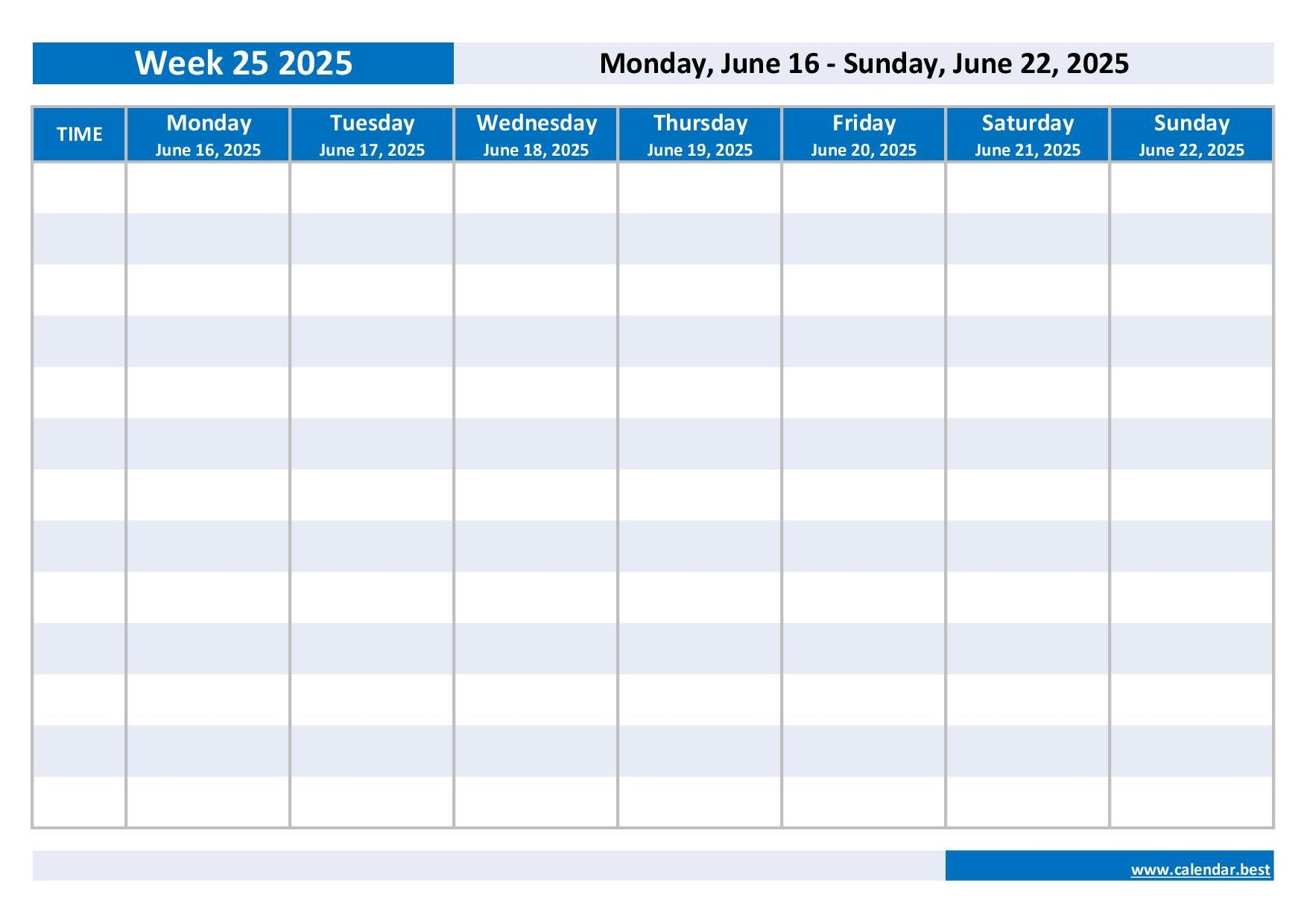week 25 2025 dates calendar and weekly schedule to print