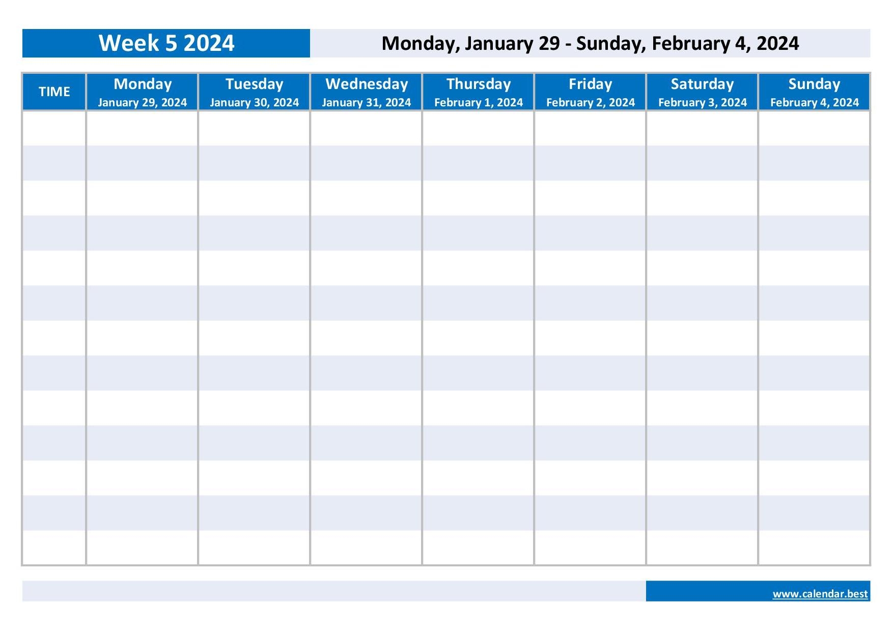 Week 5 2024 Dates Calendar And Weekly Schedule To Print