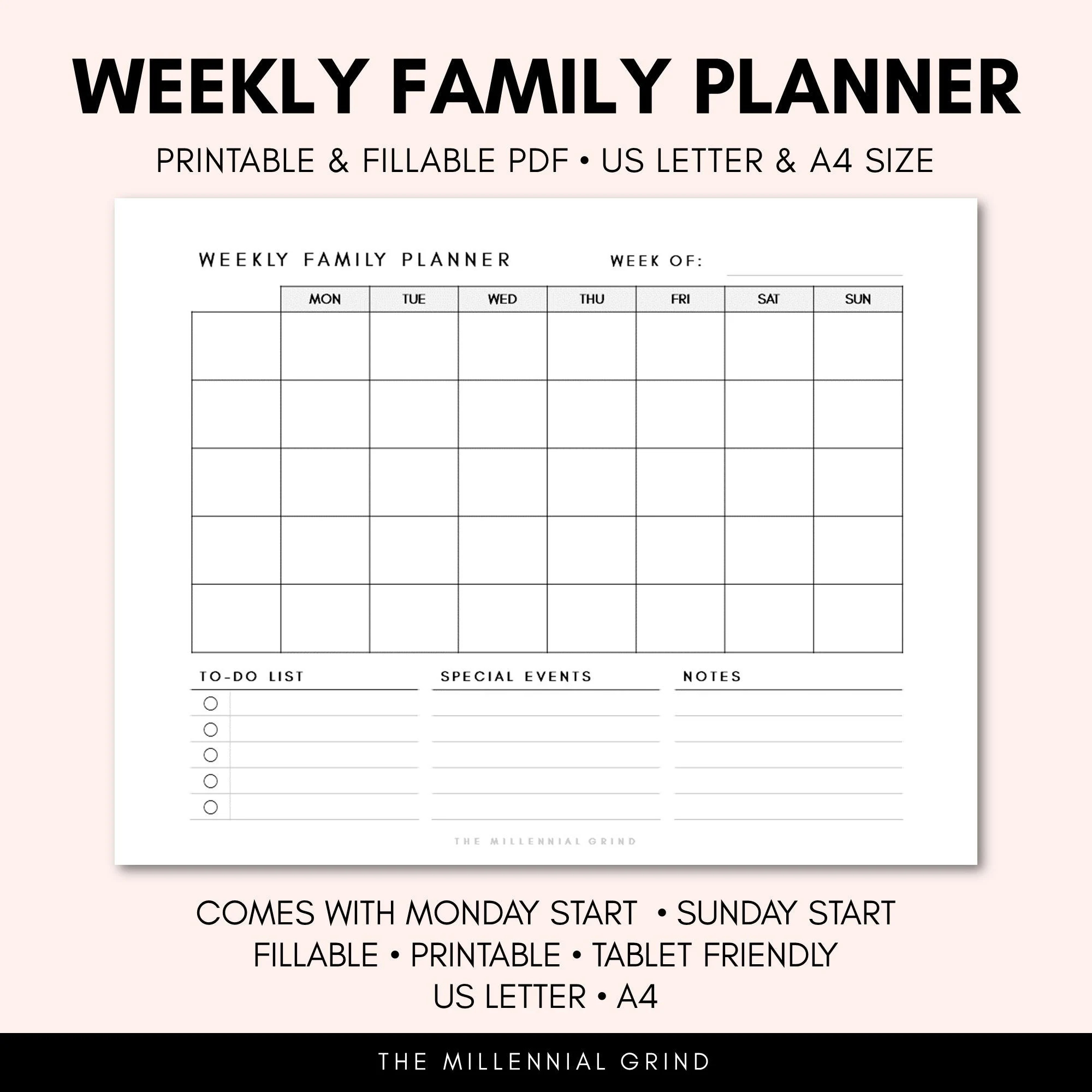 Weekly Family Planner Printable Instant PDF Download Fillable PDF US Letter A4 Size Family Calendar To do List Chores List Etsy