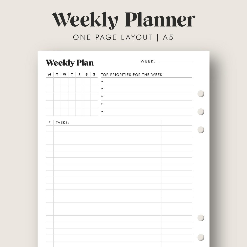 Weekly Planner With Monthly Calendar Printable Insert A5 Free Download One Page Layout