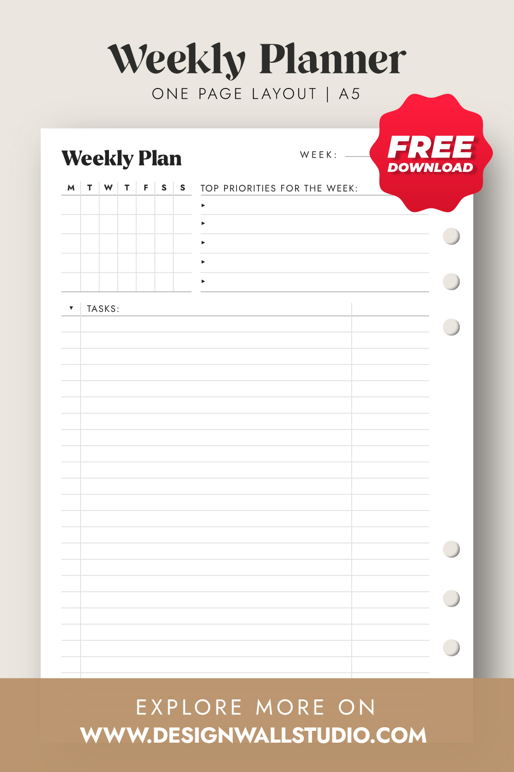 Weekly Planner With Monthly Calendar Printable Insert A5 Free Download One Page Layout