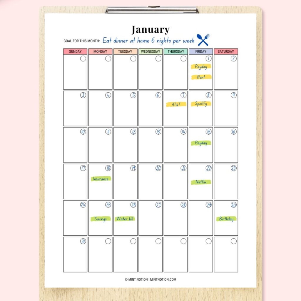 Printable Monthly Expense Calendar