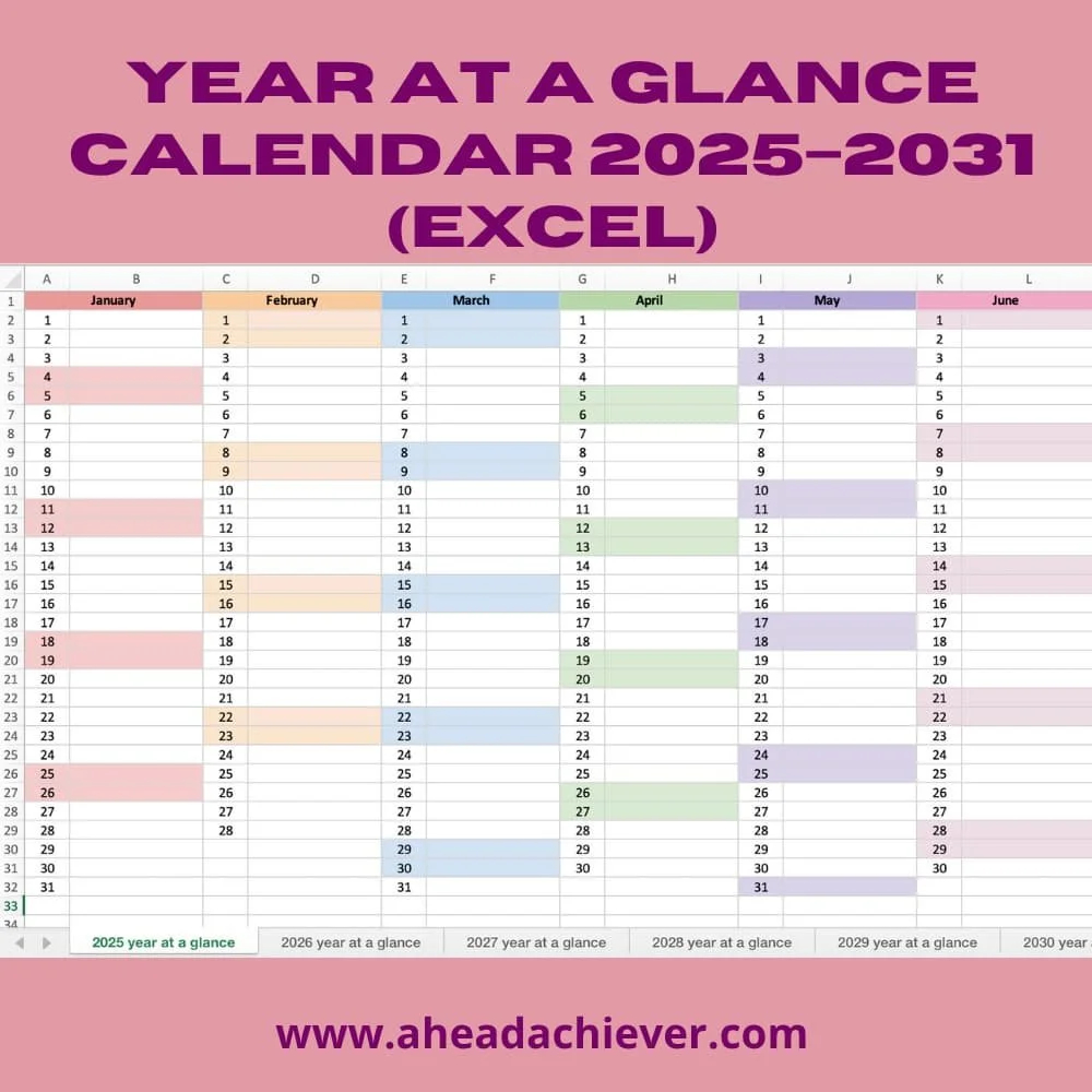 Year At A Glance 2025 2031 Excel Ahead Achiever