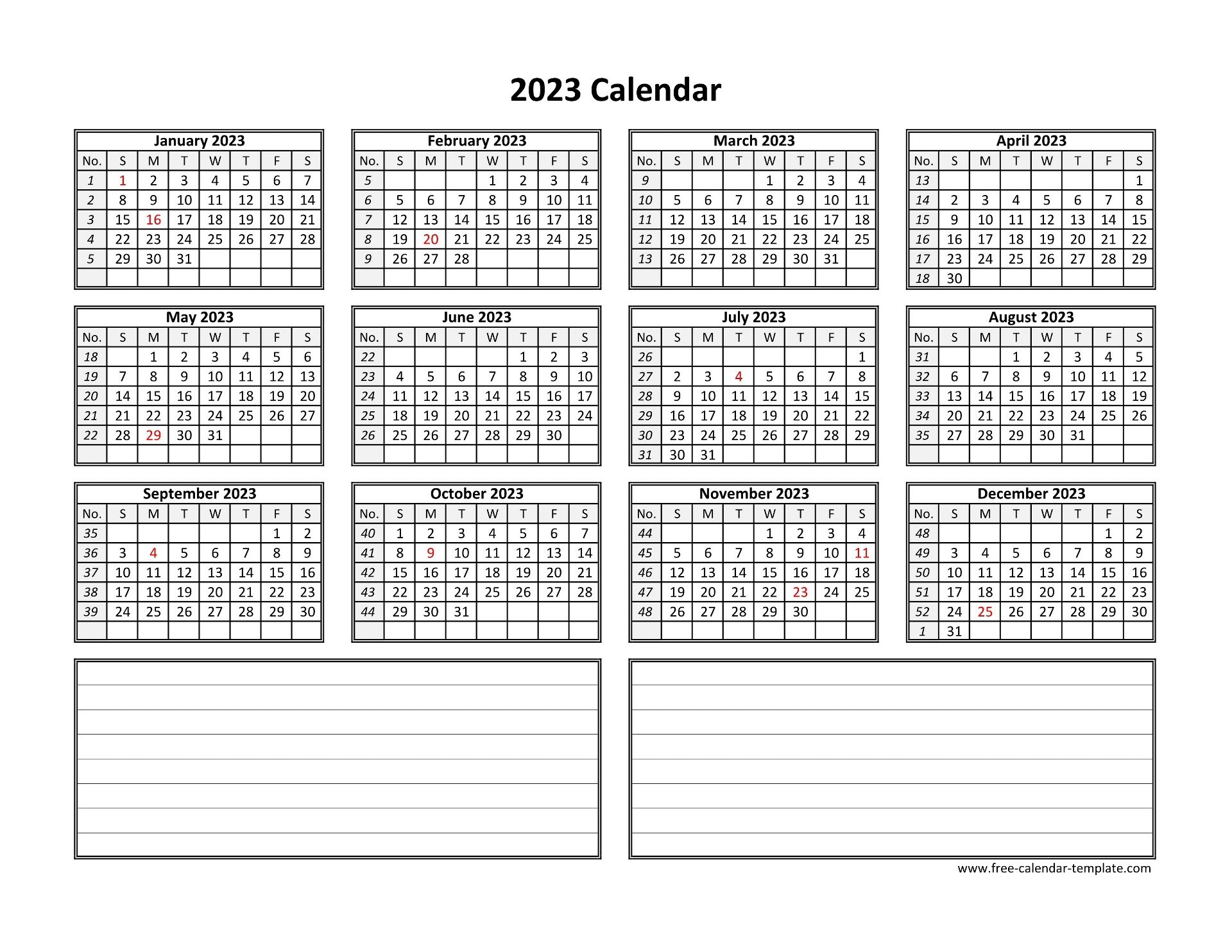 Yearly 2023 Calendar Printable With Space For Notes Free calendar template 
