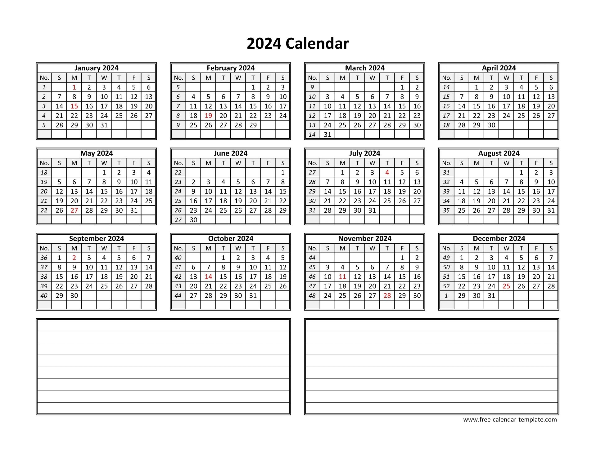 Yearly 2024 Calendar Printable With Space For Notes Free calendar template 