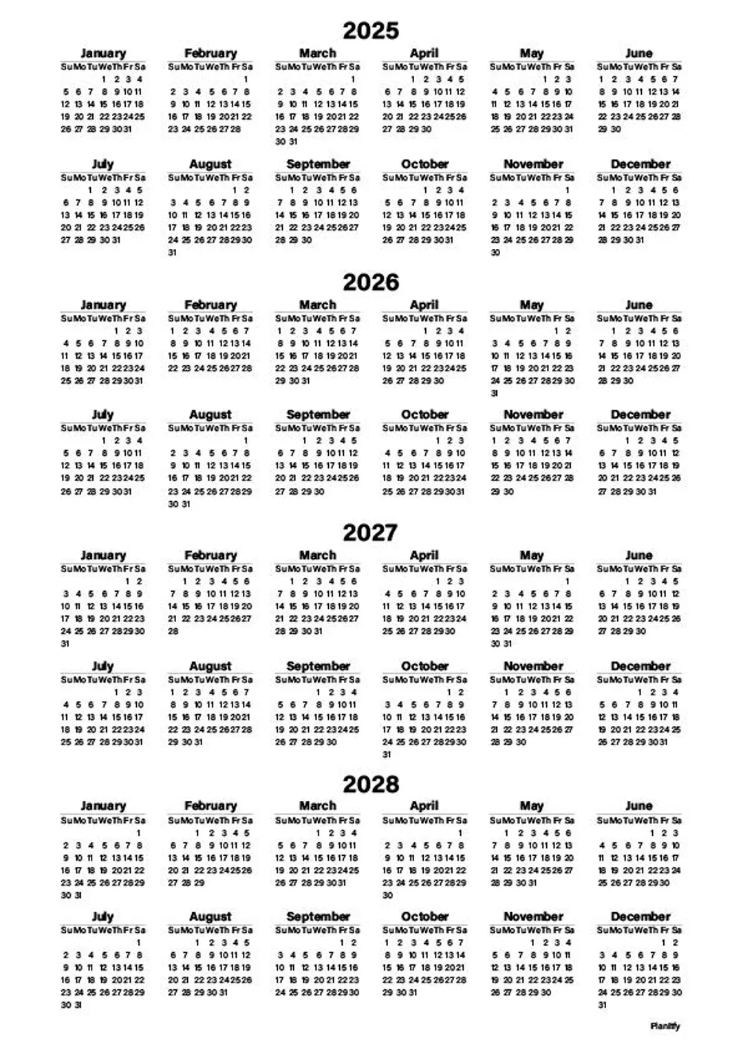 yearly calendar for printing from 2025 to 2028 4 years sunday and monday start letter and a4 size pdf etsy