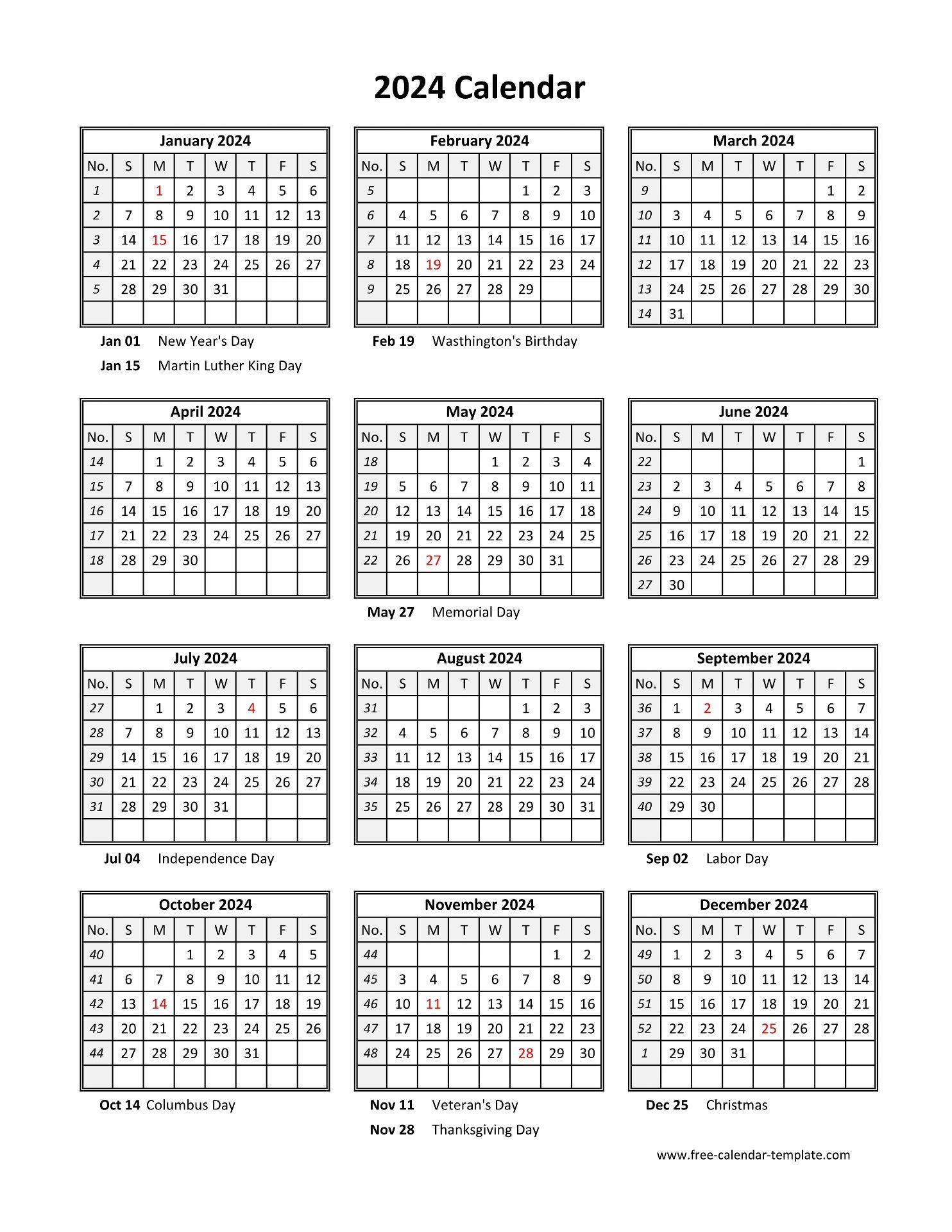 Yearly Printable Calendar 2024 With Holidays Free calendar template